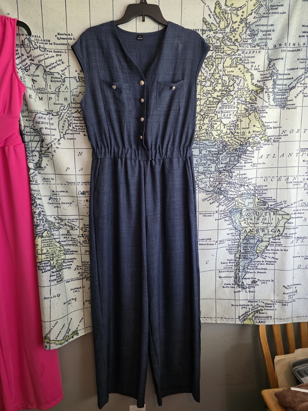 Denim/Navy Button-Front Jumpsuit with Pocket Detail